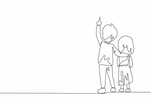 Single continuous line drawing rear view, a boy embraces his little sister with his hand pointing up. Learn about natural science. Amazing. Look Up at The Sky Day. One line illustration vector