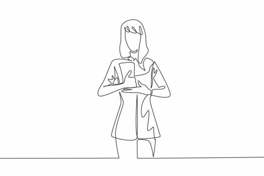 continuo uno línea dibujo un mujer en casual ropa hace un mano gesto. un ayuda gesto en firmar idioma. código. nacional americano firmar idioma día. soltero línea dibujar ilustración vector