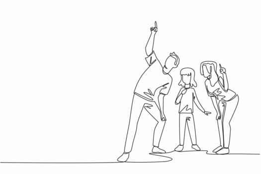 Single continuous line drawing a family gathered as the father pointed upwards. The father showed a beautiful object far up there. Amazing. Look Up at The Sky Day. One line design vector