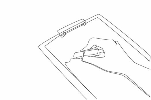 Single one line drawing hand is erasing writing on paper on clipboard with a rubber eraser. Delete unnecessary notes. Efficient. National Rubber Eraser Day. Continuous line design illustration vector