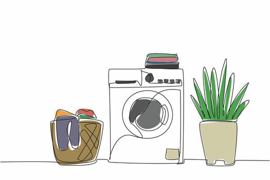 Single continuous line drawing on top of the washing machine there is a pile of folded clothes. A layout of the room in the laundry room. National Laundry Day. One line illustration vector