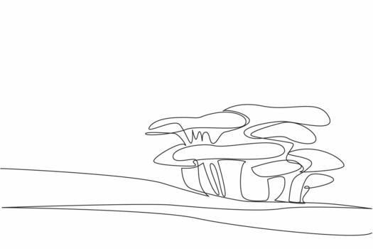 Continuous one line drawing blue hat oyster mushroom on mossy tree trunk. As additional ingredient in cooking. Adding flavor to broth. Day of the Mushroom. Single line draw illustration vector