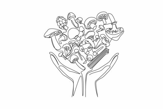 Continuous one line drawing 2 hands holding several variants of heart-shaped mushrooms. Symbol of connoisseur of stir-fried mushrooms. Day of the Mushroom. Single line draw illustration vector