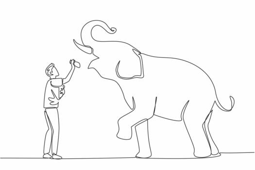 Continuous one line drawing a man stands in front of an elephant while putting food into the mouth of elephant. Feeding carefully. Save The Elephant Day. Single line draw design vector