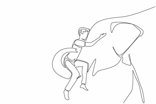 Single continuous line drawing an elephant is lifting a man with its trunk. An expression gratitude of animal to humans. Caring. Affection. Save The Elephant Day. One line illustration vector