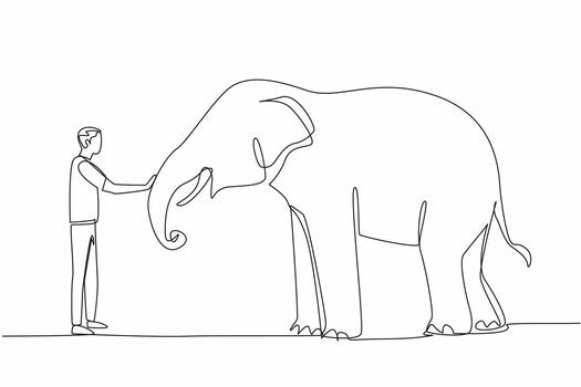 Continuous one line drawing a man in casual clothes standing in front of an elephant and stroking its trunk. Caring with affection. Save The Elephant Day. Single line draw vector