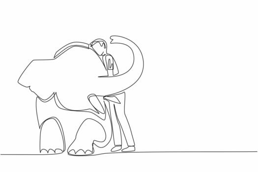 Single one line drawing man in casual clothes standing while hugging sitting elephant. Zookeeper. Taking care of animals with care. Save The Elephant Day. Continuous line design illustration vector