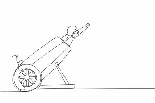Single continuous line drawing the circus performers inside the cannon wear helmets and put their hands forward. Fun and also a test of courage. World Circus Day. One line illustration vector