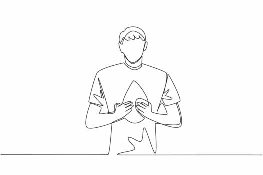Single continuous line drawing a man holds drops of blood with both hands while pointing forward. Like a public service announcement. Concern. World Hemophilia Day. One line design vector