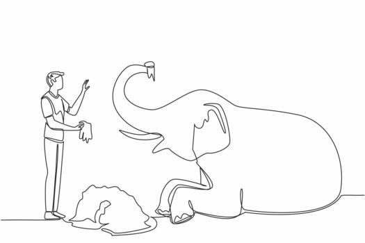 Single continuous line drawing a man standing in front of a sitting elephant holding a pile of grass. Feeding the best quality grass. Care. Save The Elephant Day. One line illustration vector