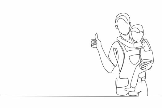 Single continuous line drawing male plumber giving thumbs up gesture while holding son. Feeling of missing. Let go of longing with hug. National Hug A Plumber Day. One line design vector