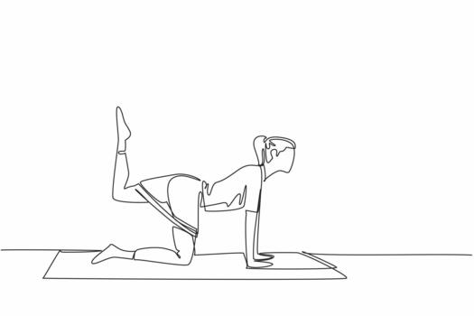 Single one line drawing woman exercising on a training mat doing movements with elastic strap. An exercise that has many benefits. Love Your Thighs Day. Continuous line design illustration vector