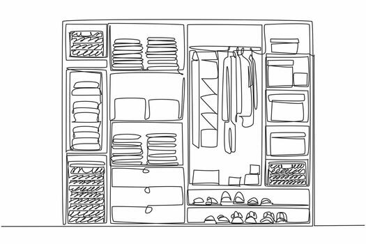 Single continuous line drawing wardrobe with several compartments containing boxes made of woven rattan. Arrange contents of the cupboard neatly. Get Organized Day. One line design vector