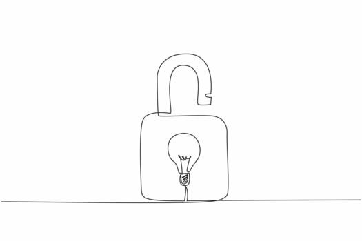 Continuous one line drawing a padlock with a light bulb in the middle. Works originating from ideas protected by patents. World Intellectual Property Day. Single line draw illustration vector