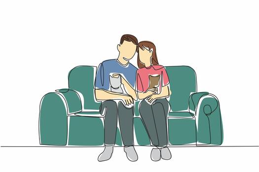 Continuous one line drawing a married couple sitting on the sofa while each holding a cat. Warmth of family. The favorite cat. National Pet Parents Day. Single line draw design vector