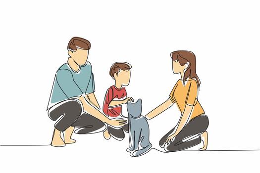 Single continuous line drawing a father and mother and their son are kneeling while they are all stroking a cat. Love in unity. Warmth. National Pet Parents Day. One line design vector
