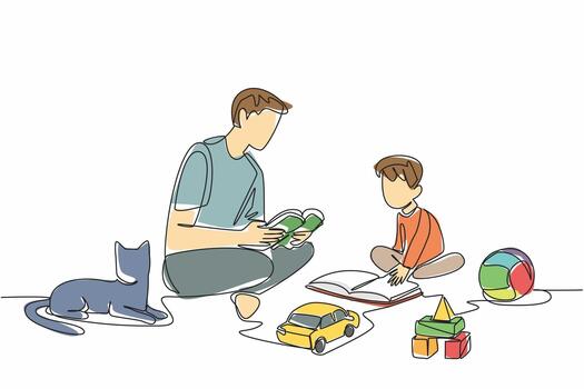 Single continuous line drawing father sits on the floor with son and reads a book to him. Channeling the hobby of reading while playing. National Pet Parents Day. One line design vector