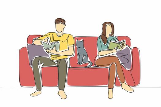 Single one line drawing a married couple sitting on sofa while both reading a book. Have the same hobbies and passions. Science. National Pet Parents Day. Continuous line design illustration vector