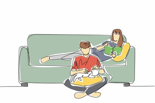 Continuous one line drawing wife lying on the sofa reading a book. Relax on the weekend by doing a fun hobby. Increase knowledge. National Pet Parents Day. Single line draw illustration vector