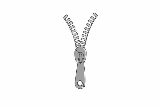 Single continuous line drawing partially open zipper. Connecting two sides of the material into one. Want to take something when opened. National Zipper Day. One line illustration vector
