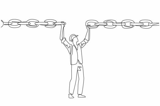 Continuous one line drawing man wearing project vest and helmet holds a broken chain above head. Ensure timely delivery. Effort. National Supply Chain Day. Single line draw illustration vector