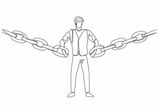 Single continuous line drawing man wearing project vest and helmet hooking chain with both hands. Symbolism. Connecting logistics needs. National Supply Chain Day. One line design vector
