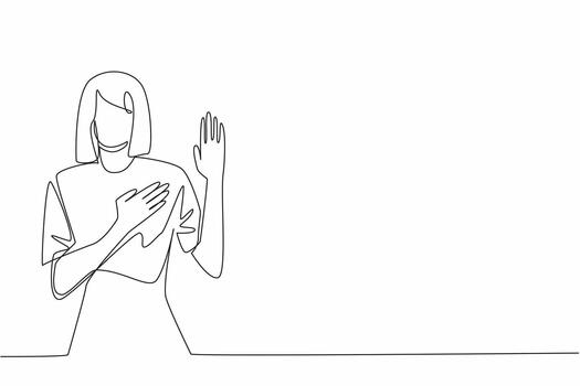 Continuous one line drawing woman in casual clothes posing oath gesture. Not looking for justification but indeed trustworthy. Sign. National Honesty Day. Single line draw design vector