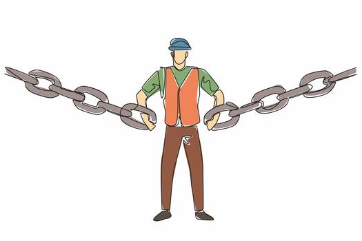 Single continuous line drawing man wearing project vest and helmet hooking chain with both hands. Symbolism. Connecting logistics needs. National Supply Chain Day. One line design illustration vector