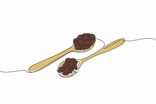 Continuous one line drawing raisins on two wooden spoons. Dry snack. Can also be used as topping on bread. Unique and refreshing taste. National Raisin Day. Single line draw design illustration vector