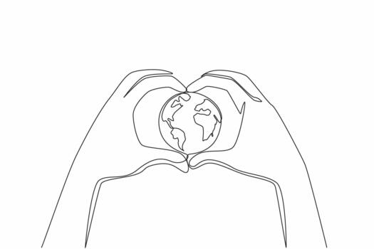 Continuous one line drawing 2 hands forming heart shape and in the middle of the hands is round globe. Protecting the earth with all love. Global Love Day. Single line draw illustration vector