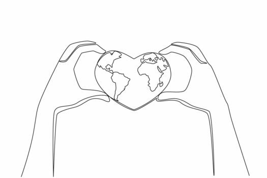 Single one line drawing 2 hands forming a heart shape and in the middle of the hands is a heart shaped globe. Loving treatment. Commitment. Global Love Day. Continuous line design illustration vector