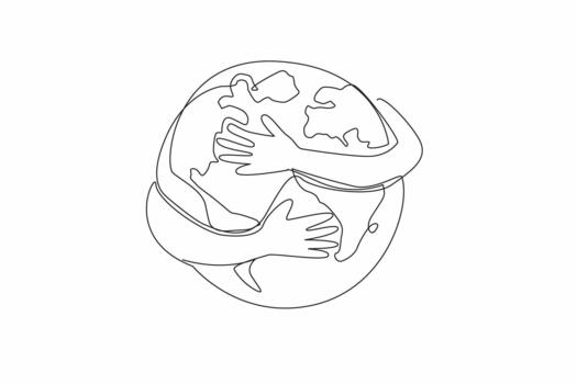 Single continuous line drawing 2 hands hugging a heart shaped globe. Symbolism of doing whatever it takes to keep the earth beautiful. Sacrifice. Global Love Day. One line illustration vector