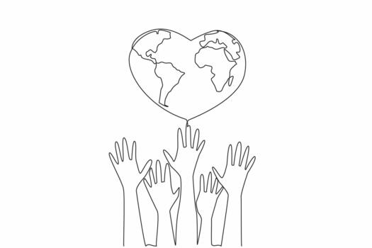 Continuous one line drawing several hands are raised upwards and above a heart shaped globe. Mass organizations ready to protect the earth. Global Love Day. Single line draw design vector