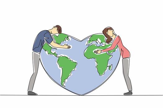 Continuous one line drawing a man and a woman stand and hug a heart shaped globe. Guarding with passion. For the sake of mother earth. Global Love Day. Single line draw design illustration vector