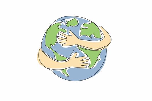 Single continuous line drawing 2 hands hugging a heart shaped globe. Symbolism of doing whatever it takes to keep the earth beautiful. Sacrifice. Global Love Day. One line design illustration vector