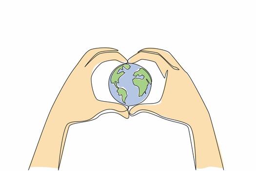 Continuous one line drawing 2 hands forming heart shape and in the middle of the hands is round globe. Protecting the earth with all love. Global Love Day. Single line draw design illustration vector