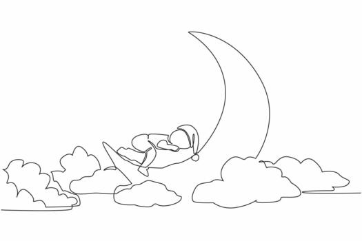 Single continuous line drawing baby sleeping face down on a crescent moon. Studio photo for happy memories. Events to remember easily. Adorable pose. Baby Day. One line illustration vector
