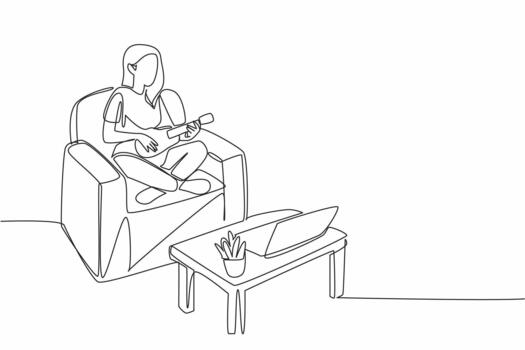 Continuous one line drawing woman sit cross legged on sofa play ukulele looks at laptop screen. Learn practice from expert. National Play Your Ukulele Day. Single line draw design illustration vector