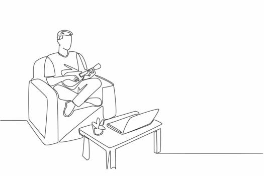 Single continuous line drawing man sit cross legged on sofa playing ukulele looking at laptop screen. Learn to play ukulele online. National Play Your Ukulele Day. One line design illustration vector