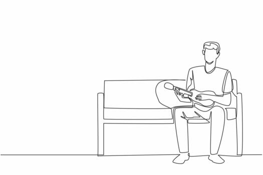 Single one line drawing a man sitting on park bench plays the ukulele. Hobby playing musical instruments. Singing anywhere. National Play Your Ukulele Day. Continuous line design illustration vector