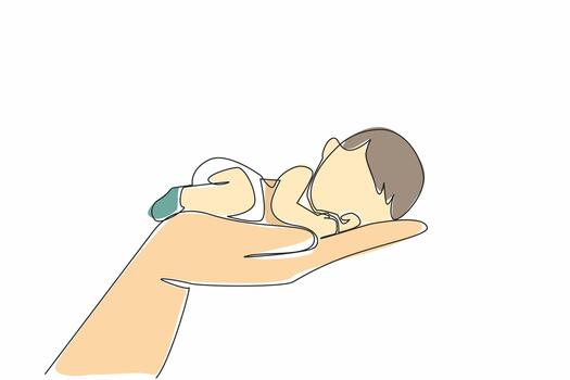 Single one line drawing baby sleeping on palm. Symbolism. The most comfortable place for a child is with the parents. Tenderness and affection. Baby Day. Continuous line design graphic illustration vector