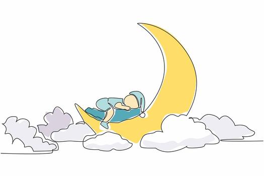 Single continuous line drawing baby sleeping face down on a crescent moon. Studio photo for happy memories. Events to remember easily. Adorable pose. Baby Day. One line design illustration vector