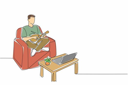 Single continuous line drawing man sit cross legged on sofa playing ukulele looking at laptop screen. Learn to play ukulele online. National Play Your Ukulele Day. One line design vector