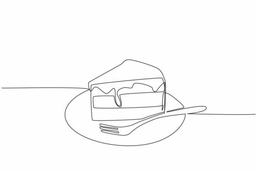 Continuous one line drawing chocolate layer cake covered in chocolate on small plate with small fork. Favorite of many ages. National Chocolate Custard Day. Single line draw illustration vector