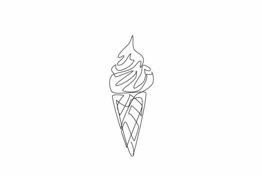 Single one line drawing vanilla ice cream cone topped with melted chocolate. Enjoy in the park. On the beach. In the summer. National Chocolate Custard Day. Continuous line design illustration vector