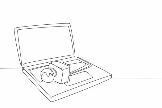 Continuous one line drawing microphone above laptop keyboard. Independent reporting. Distributed via social media. Random source. National Public Radio Day. Single line draw design vector