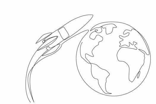 Continuous one line drawing rocket flying and beside it is a globe. Space expedition completed. Back to earth. Knowledge about the moon. National Space Day. Single line draw illustration vector