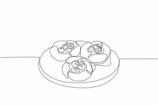 Single one line drawing 3 raspberry popovers on round wooden cutting board. Fresh from the oven. Sweet and sour refreshing. National Raspberry Popover Day. Continuous line design illustration vector