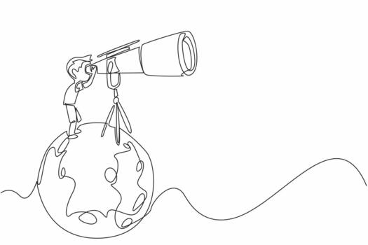Single one line drawing boy looking through giant telescope at the moon. Studying the knowledge that exists in outer space. Scientist. National Space Day. Continuous line design illustration vector