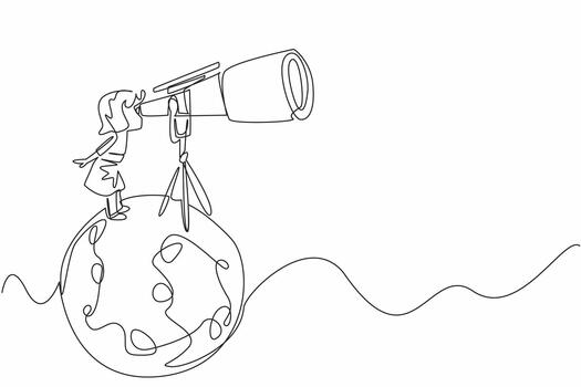 Continuous one line drawing little girl looking through giant telescope at the moon. Star cluster observer. Comet. Little scientist. National Space Day. Single line draw illustration vector